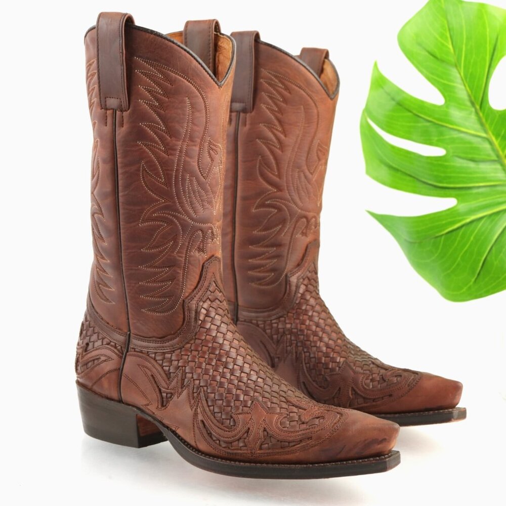 Sendra Mens Cowboy Boots Size 7 Brown Leather Embroidered Woven Snip Toe Western